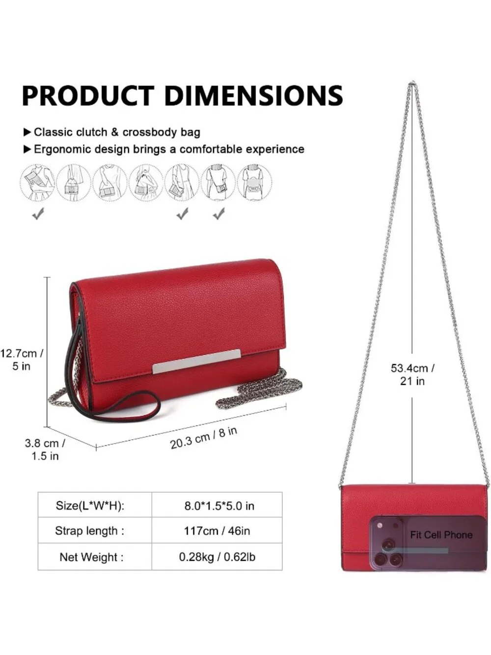 Women’s Red Clutch Purses Wristlet Vegan Leather Formal Evening Bag